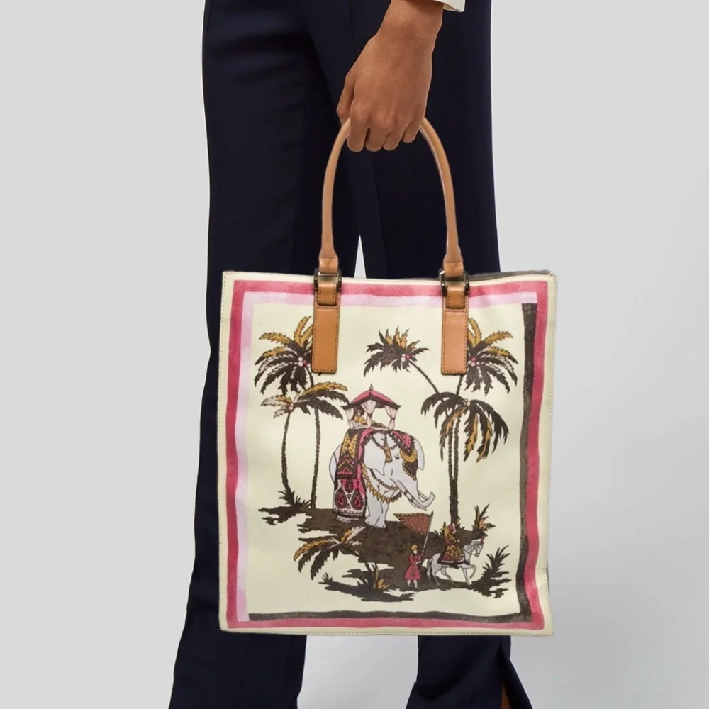 Tory Burch Kerrington Elephant Print In Caravan Border Tall Tote Bag